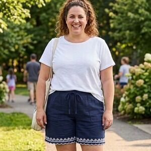Talbots Outlet Womens 14 Navy Blue Cotton Linen Blend Embroidered Hem Shorts